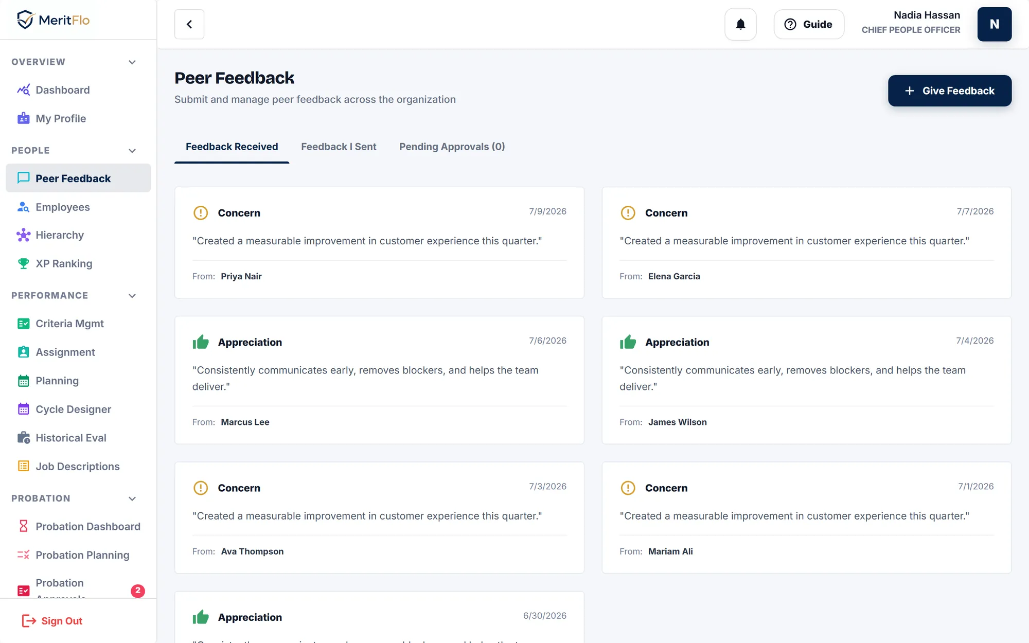 MeritFlo peer feedback screen showing appreciation and concern cards received from colleagues