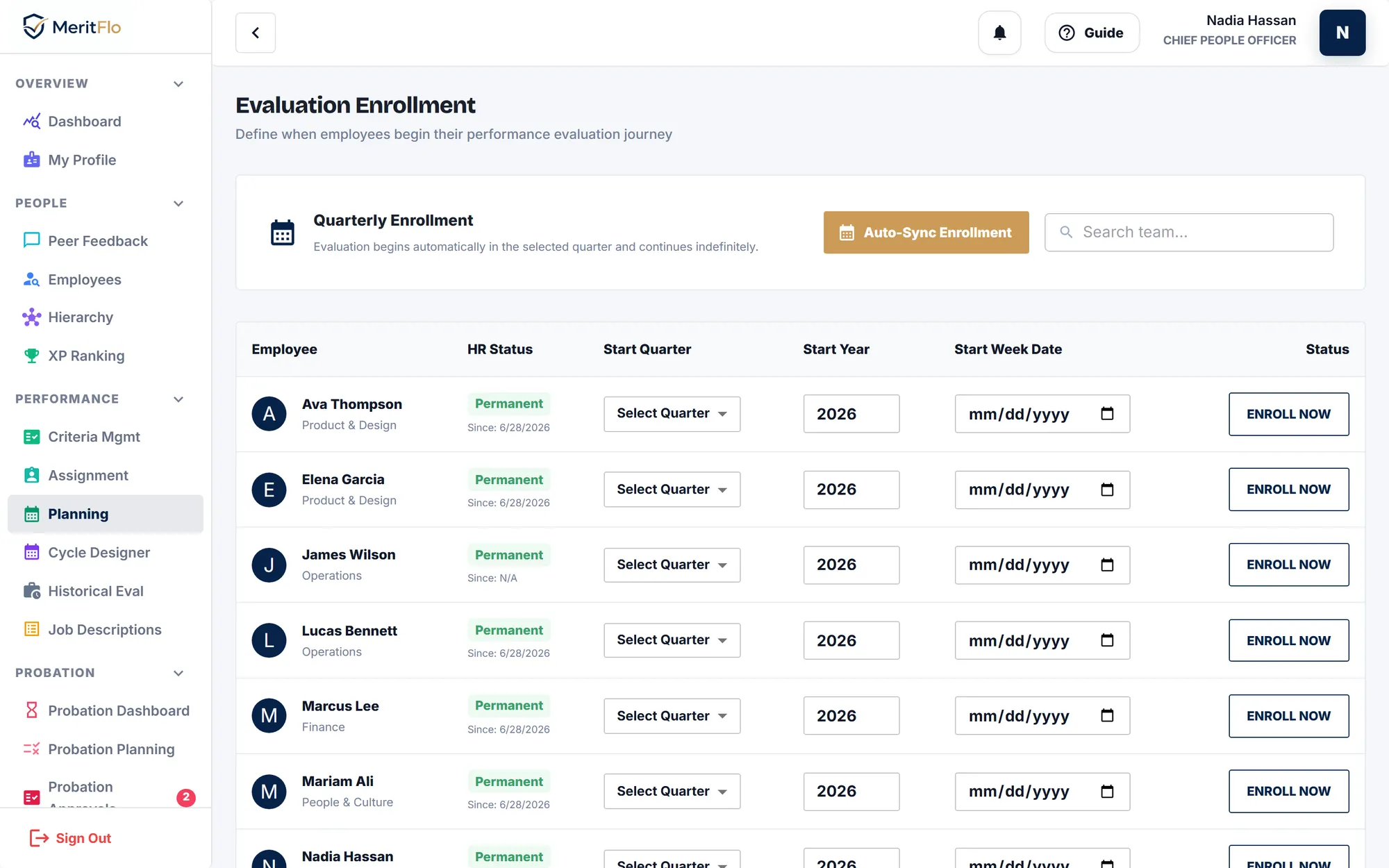 MeritFlo evaluation enrolment screen listing employees with start quarter, year and status